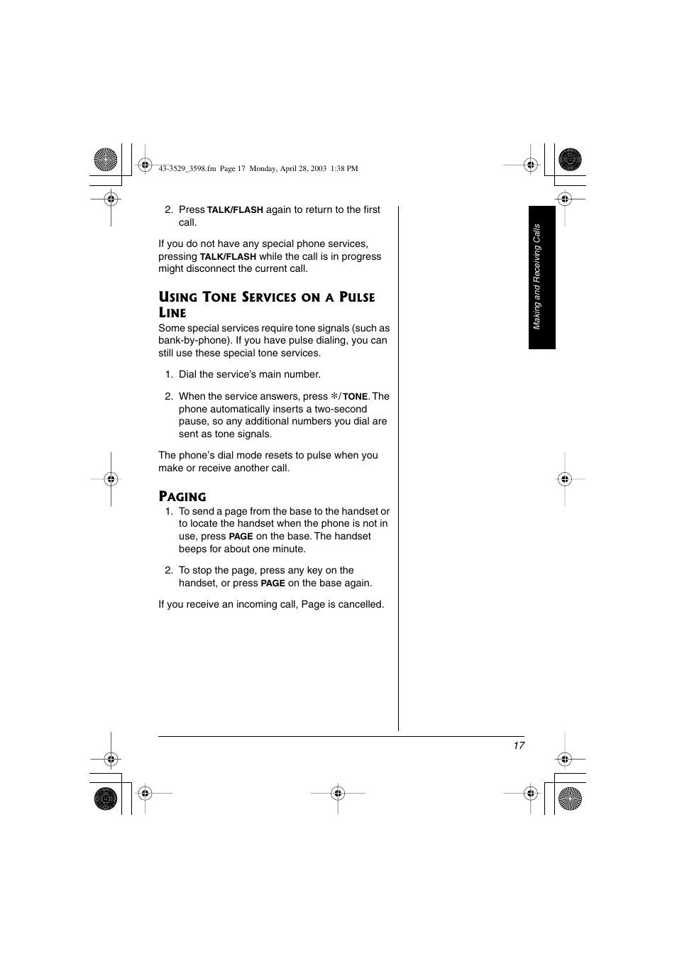 Using tone services on a pulse line paging | Radio Shack 43-3529 User Manual | Page 17 / 36