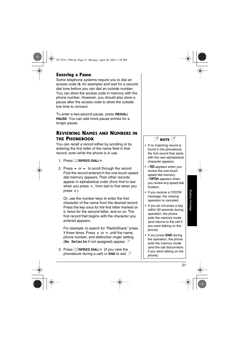 Entering a pause, Reviewing names and numbers in the phonebook | Radio Shack 43-3529 User Manual | Page 21 / 36