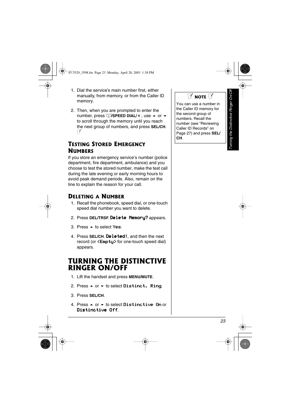 Testing stored emergency numbers deleting a number, Turning the distinctive ringer on/off | Radio Shack 43-3529 User Manual | Page 23 / 36