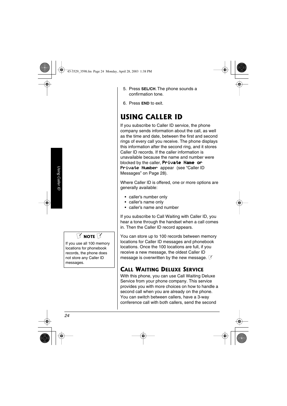 Using caller id, Call waiting deluxe service | Radio Shack 43-3529 User Manual | Page 24 / 36