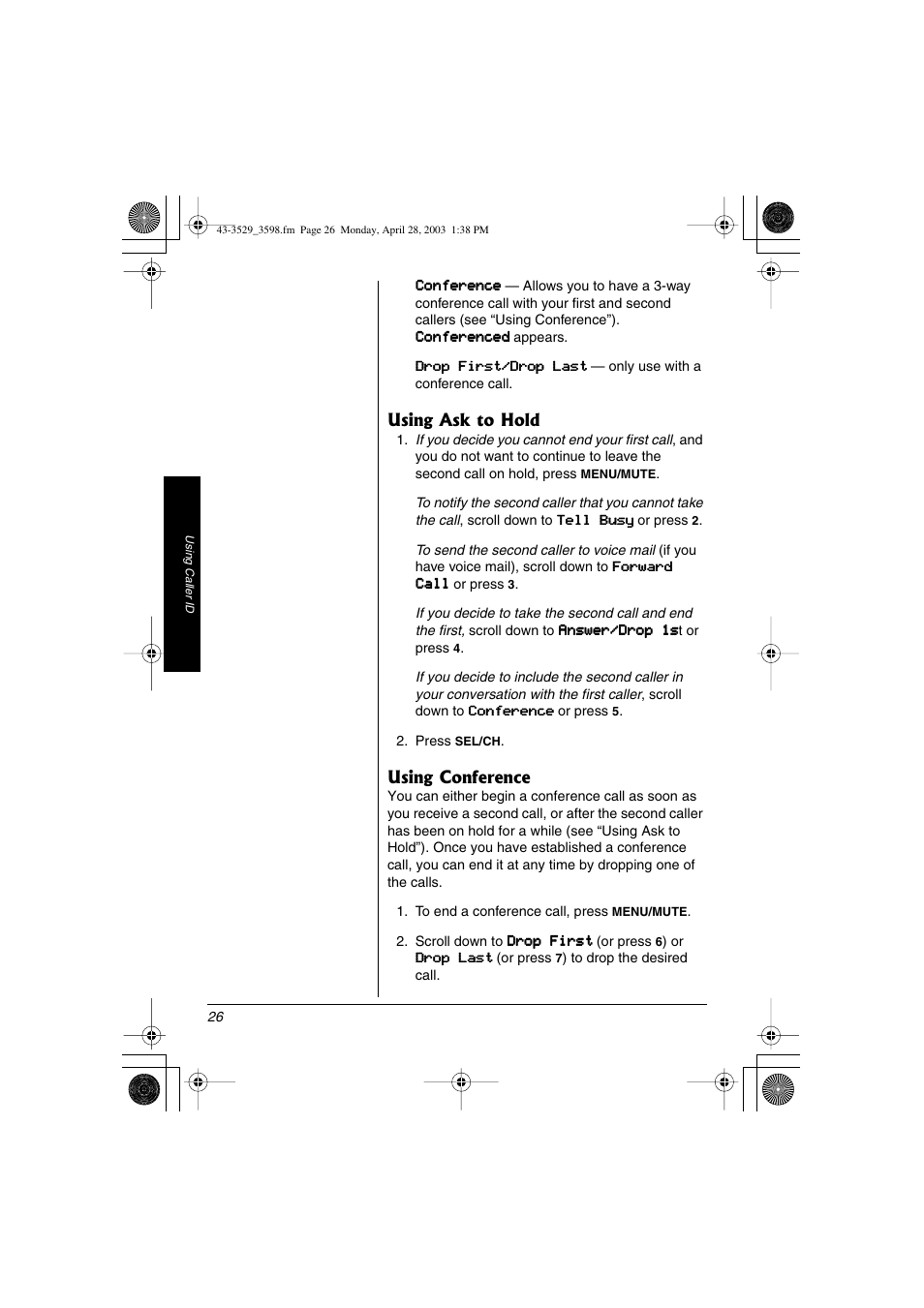 Using ask to hold using conference | Radio Shack 43-3529 User Manual | Page 26 / 36