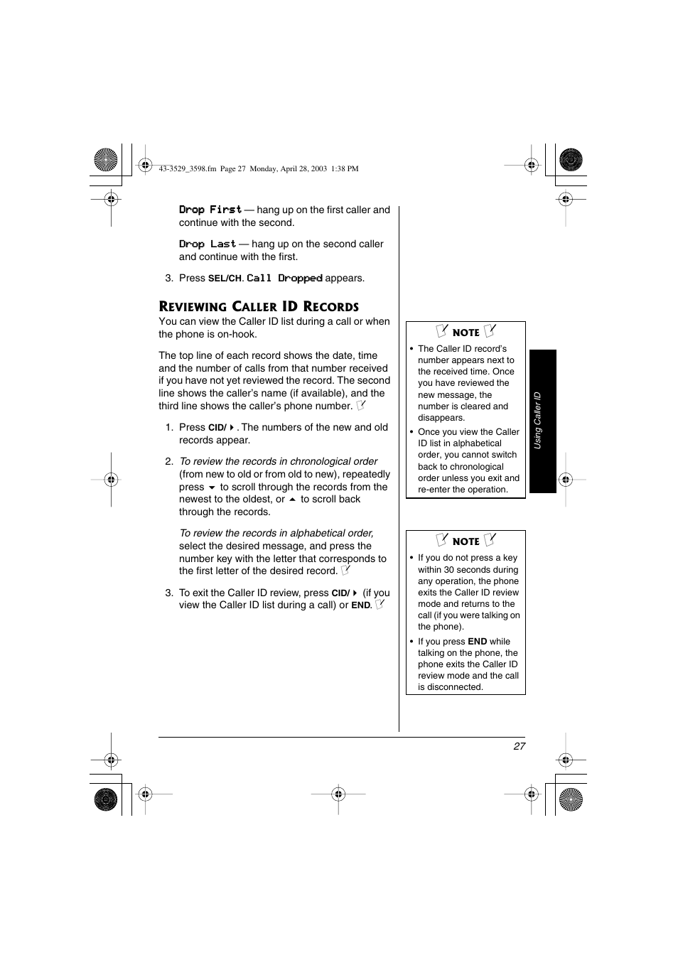 Reviewing caller id records, Id r | Radio Shack 43-3529 User Manual | Page 27 / 36
