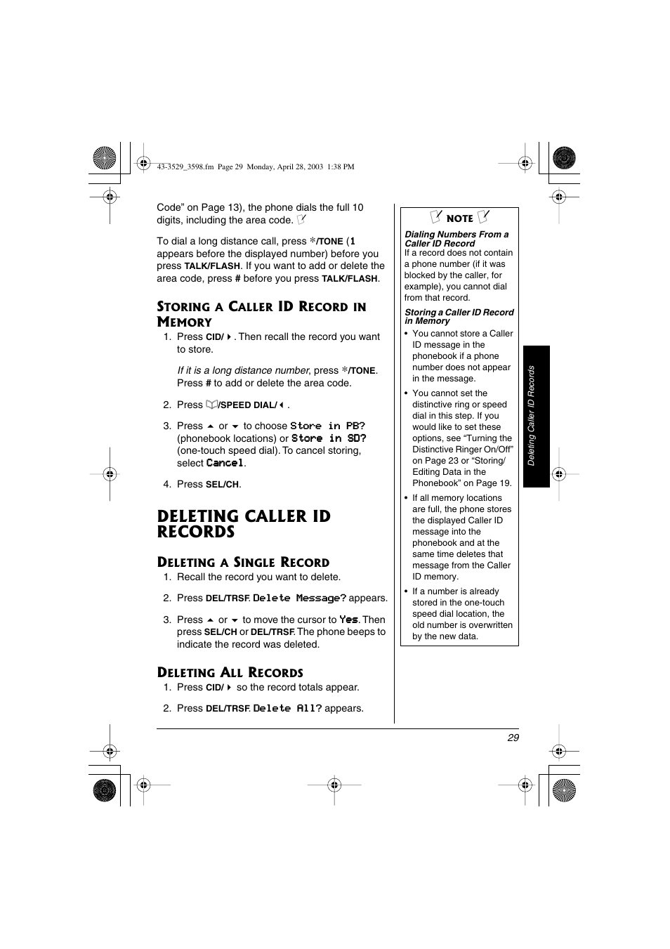Storing a caller id record in memory, Deleting caller id records, Deleting a single record . 29 deleting all records | Id r | Radio Shack 43-3529 User Manual | Page 29 / 36