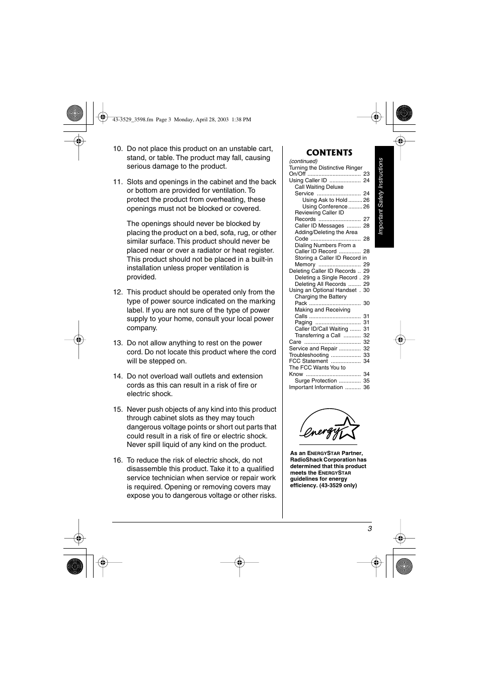 Radio Shack 43-3529 User Manual | Page 3 / 36