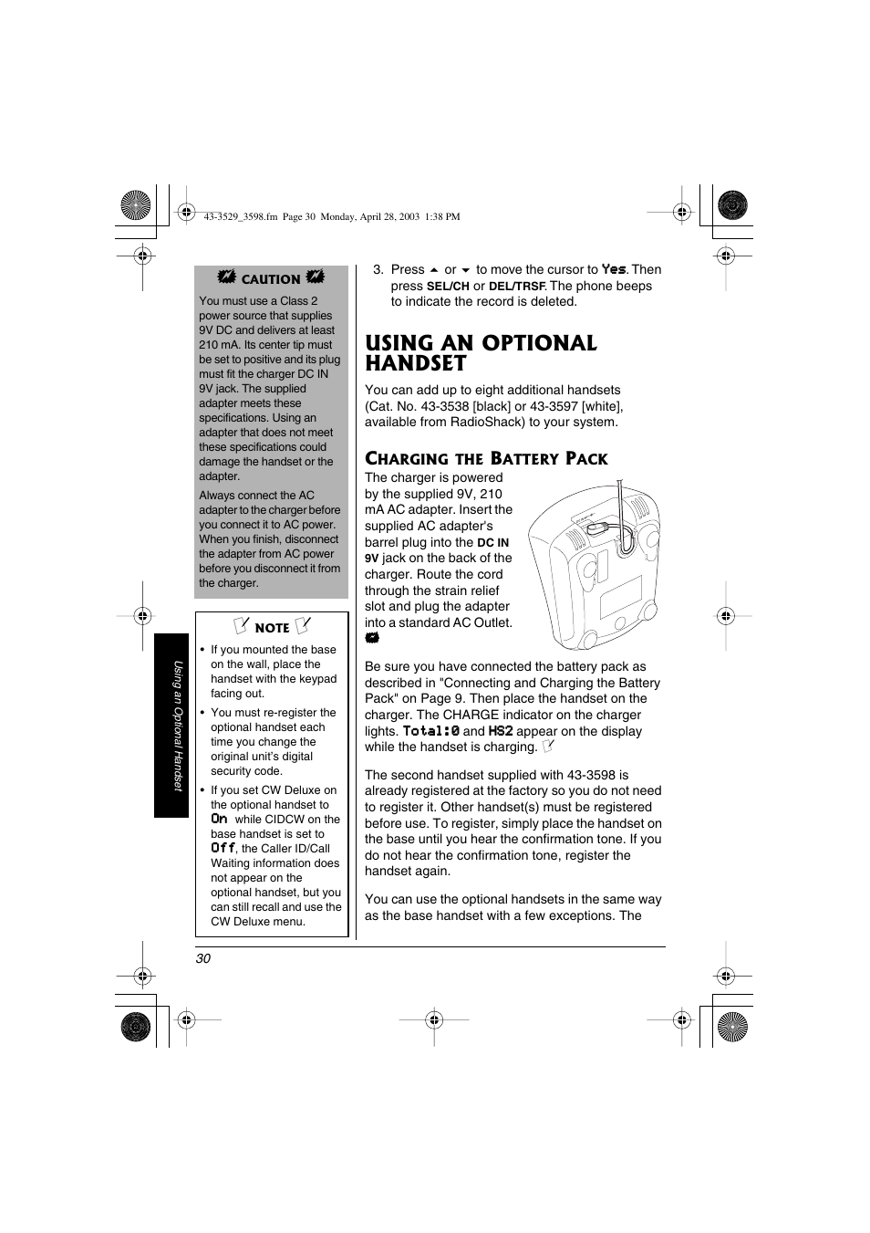 Using an optional handset . 30, Charging the battery pack, Using an optional handset | Radio Shack 43-3529 User Manual | Page 30 / 36