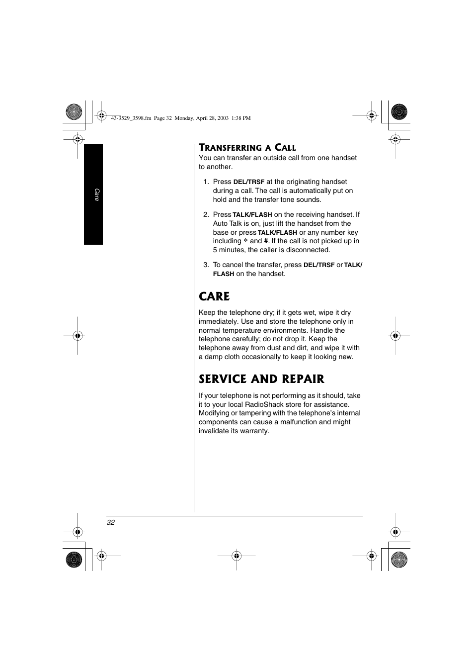 Transferring a call, Care service and repair, Care | Service and repair | Radio Shack 43-3529 User Manual | Page 32 / 36