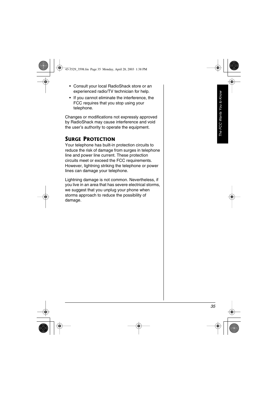 Surge protection | Radio Shack 43-3529 User Manual | Page 35 / 36