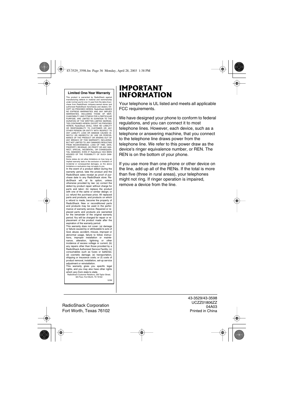 Important information | Radio Shack 43-3529 User Manual | Page 36 / 36