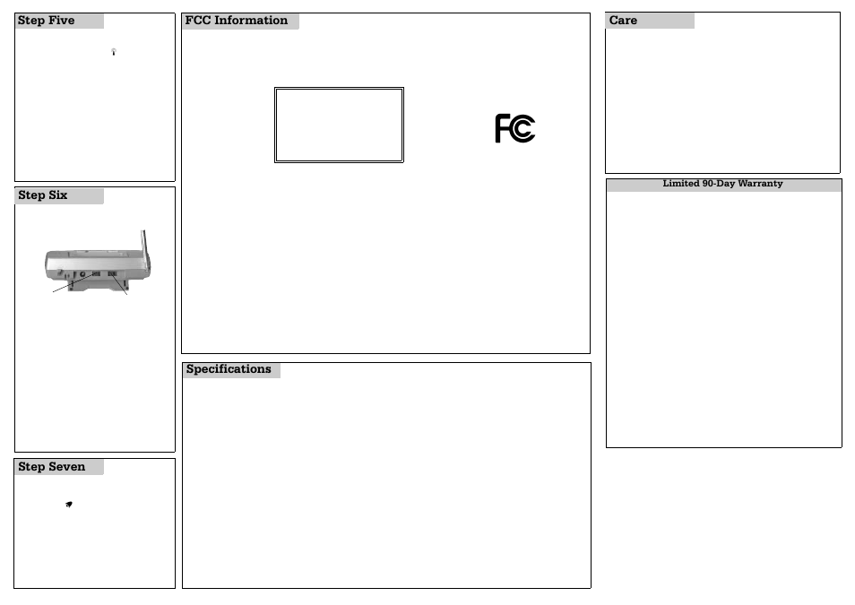 Step five, Step seven specifications, Fcc information care | Step six | Radio Shack BEDSIDE 12-260 User Manual | Page 2 / 2