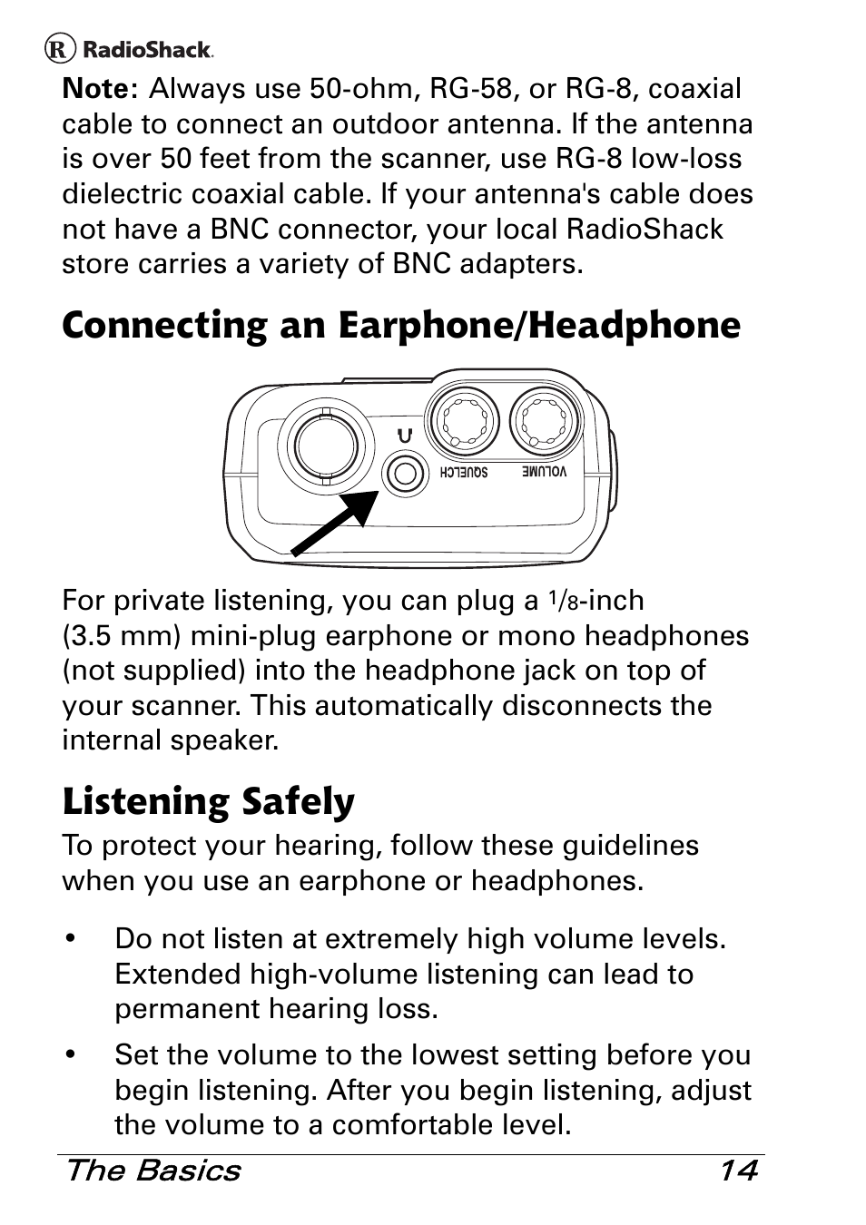 Connecting an earphone/headphone, Listening safely | Radio Shack PRO-83 User Manual | Page 14 / 64