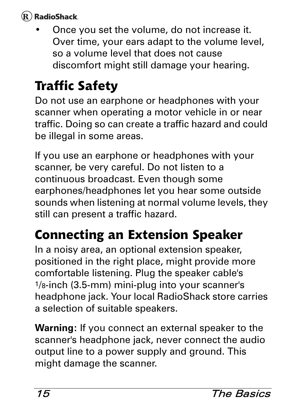 Traffic safety, Connecting an extension speaker | Radio Shack PRO-83 User Manual | Page 15 / 64