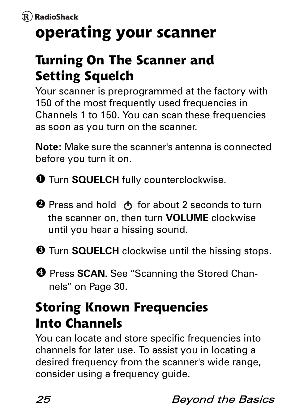 Operating your scanner, Turning on the scanner and setting squelch, Storing known frequencies into channels | Radio Shack PRO-83 User Manual | Page 25 / 64