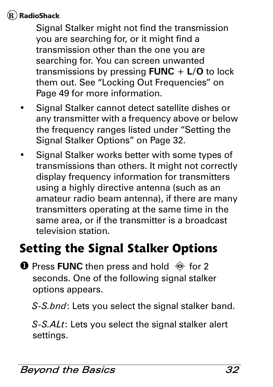 Setting the signal stalker options | Radio Shack PRO-83 User Manual | Page 32 / 64