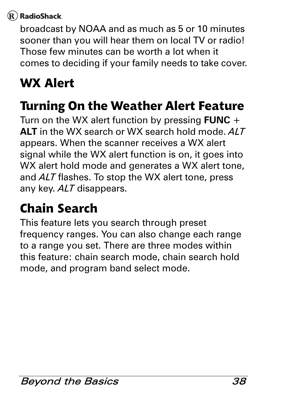 Wx alert turning on the weather alert feature, Chain search | Radio Shack PRO-83 User Manual | Page 38 / 64