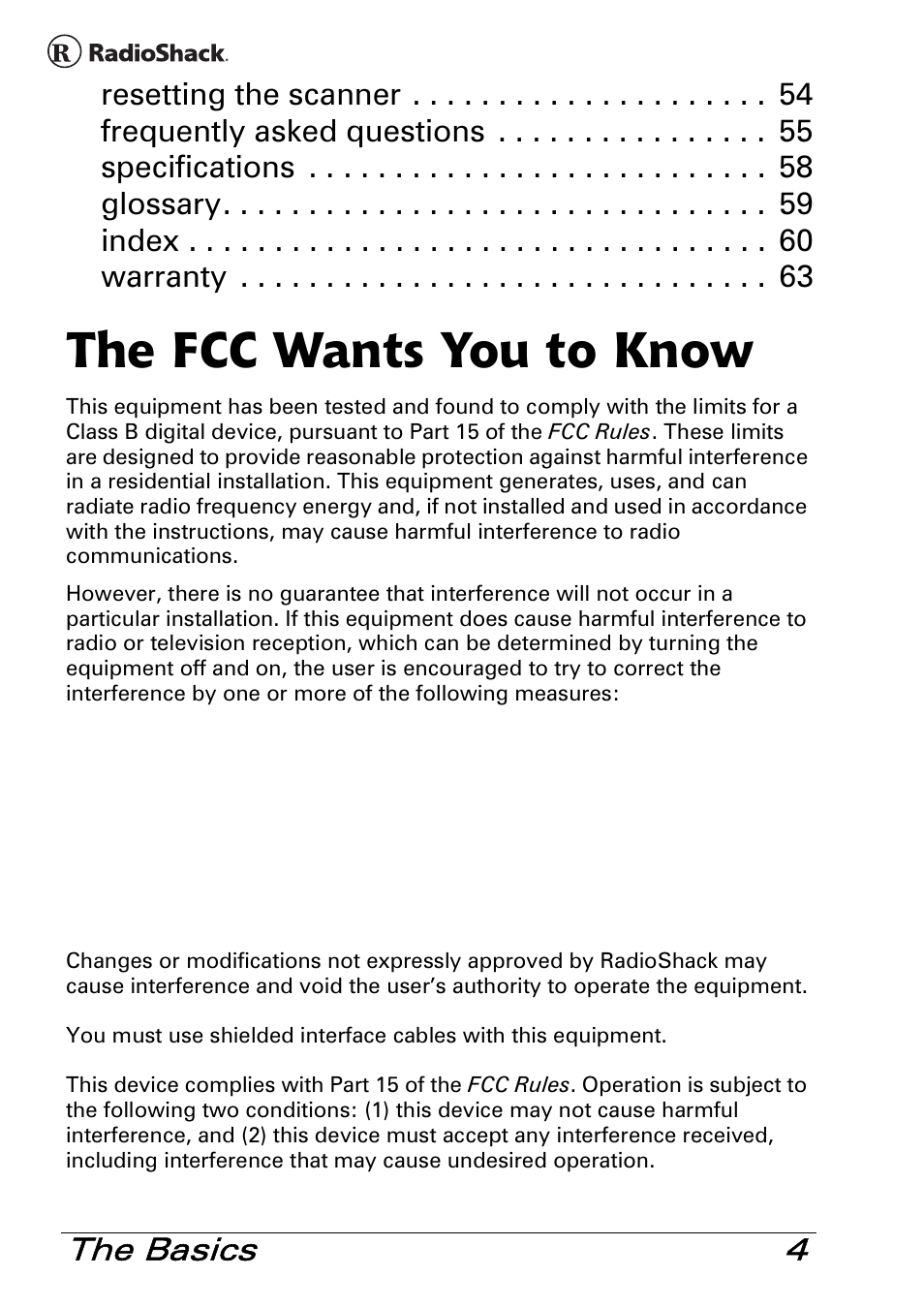 The fcc wants you to know, The basics 4 | Radio Shack PRO-83 User Manual | Page 4 / 64