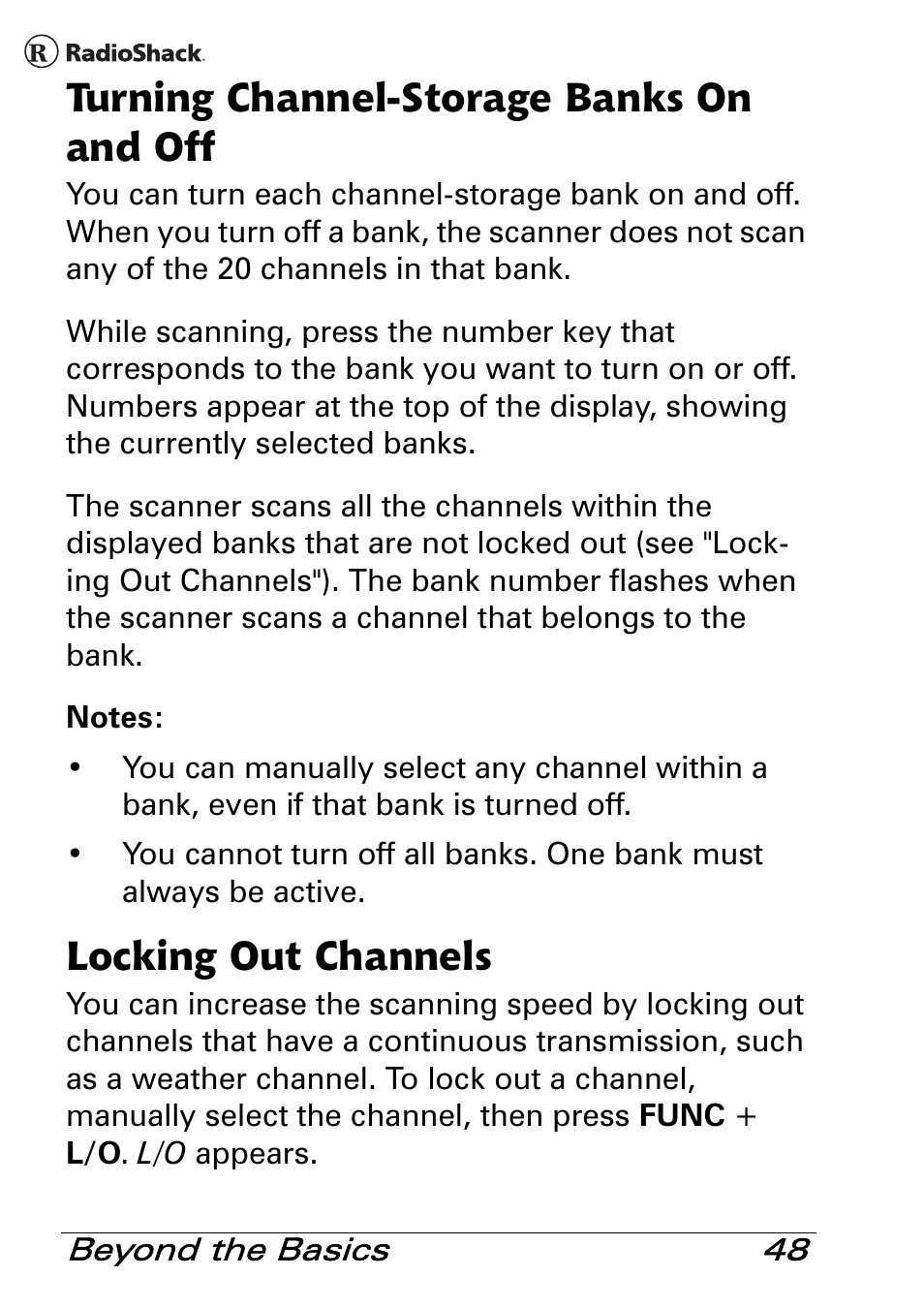 Turning channel-storage banks on and off, Locking out channels | Radio Shack PRO-83 User Manual | Page 48 / 64