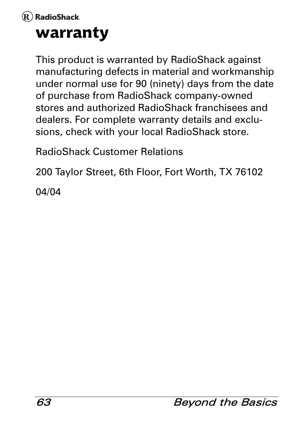 Warranty | Radio Shack PRO-83 User Manual | Page 63 / 64