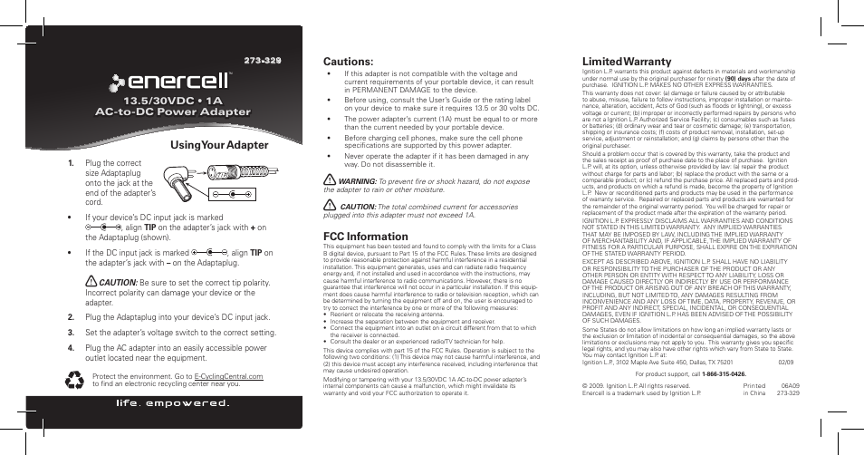 Radio Shack Enercell 273-329 User Manual | 1 page