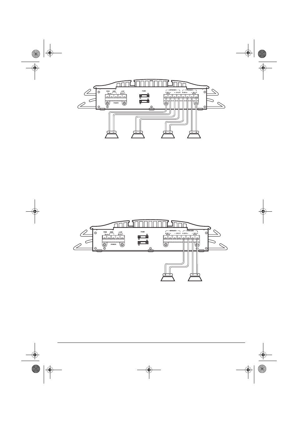 Connecting four speakers, Connecting two speakers (unbridged connection) | Radio Shack XL-400 User Manual | Page 13 / 24