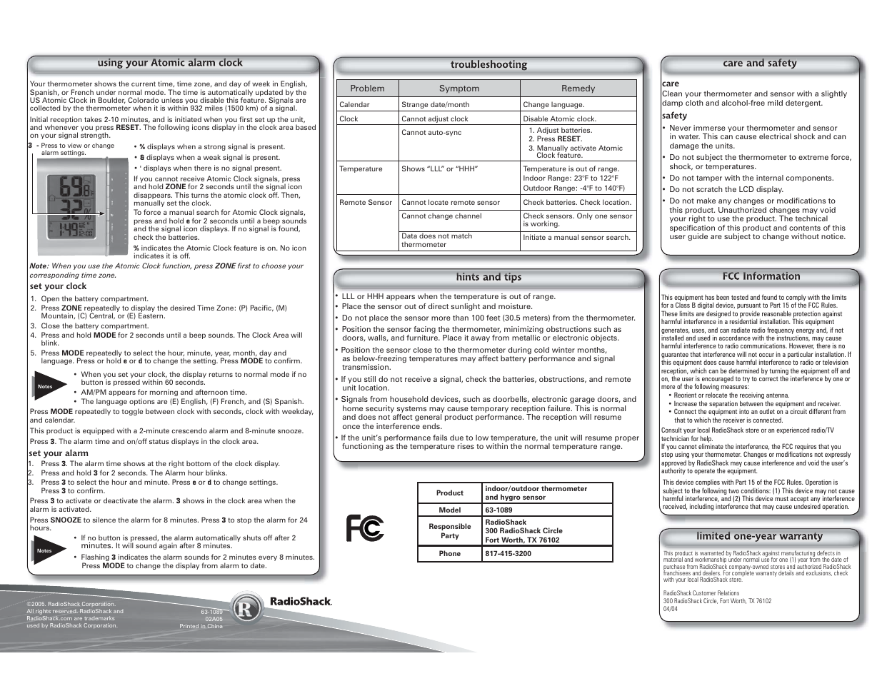 Radio Shack 63-1089 User Manual | Page 2 / 2