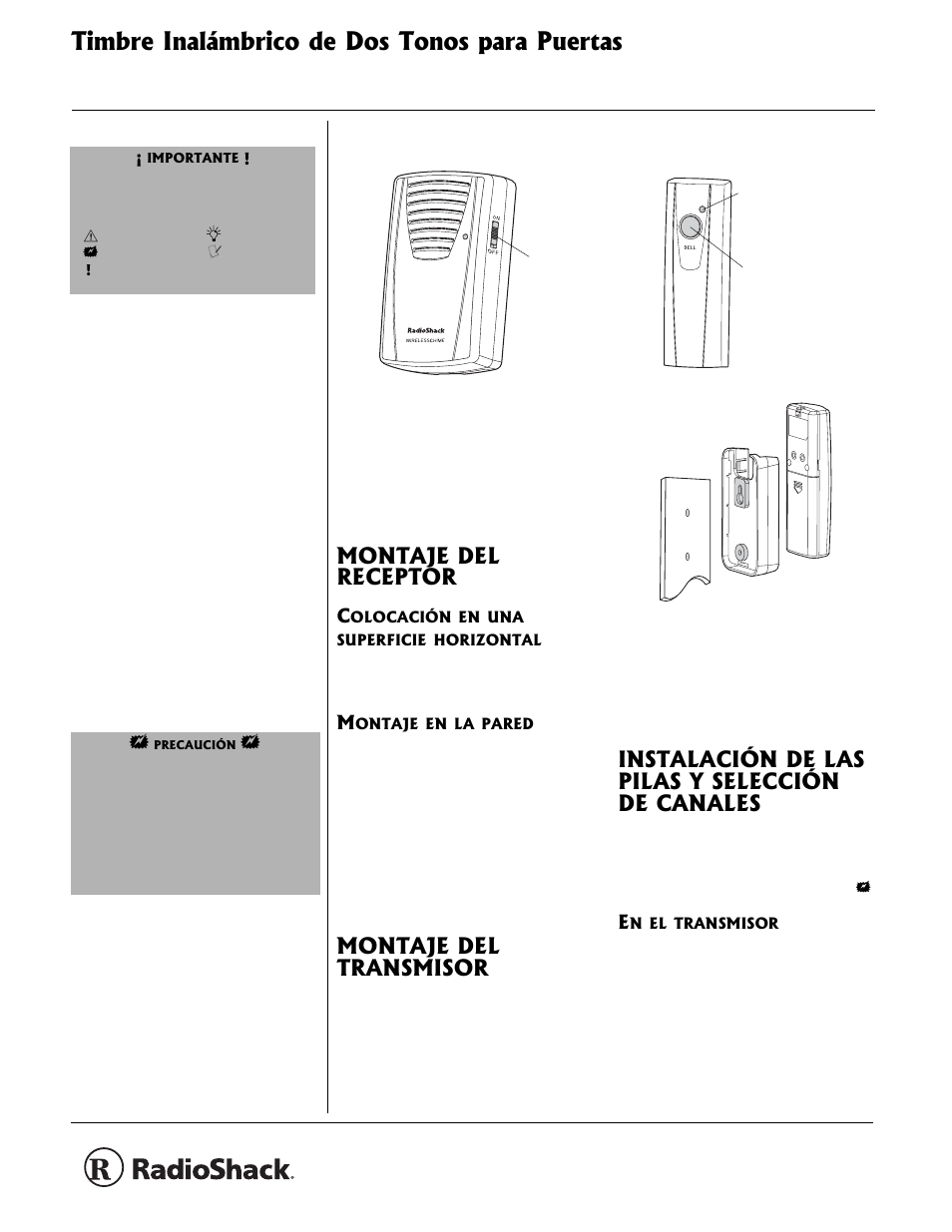 Timbre inalámbrico de dos tonos para puertas, Montaje del receptor, Montaje del transmisor | Instalación de las pilas y selección de canales | Radio Shack 61-2117 User Manual | Page 3 / 4