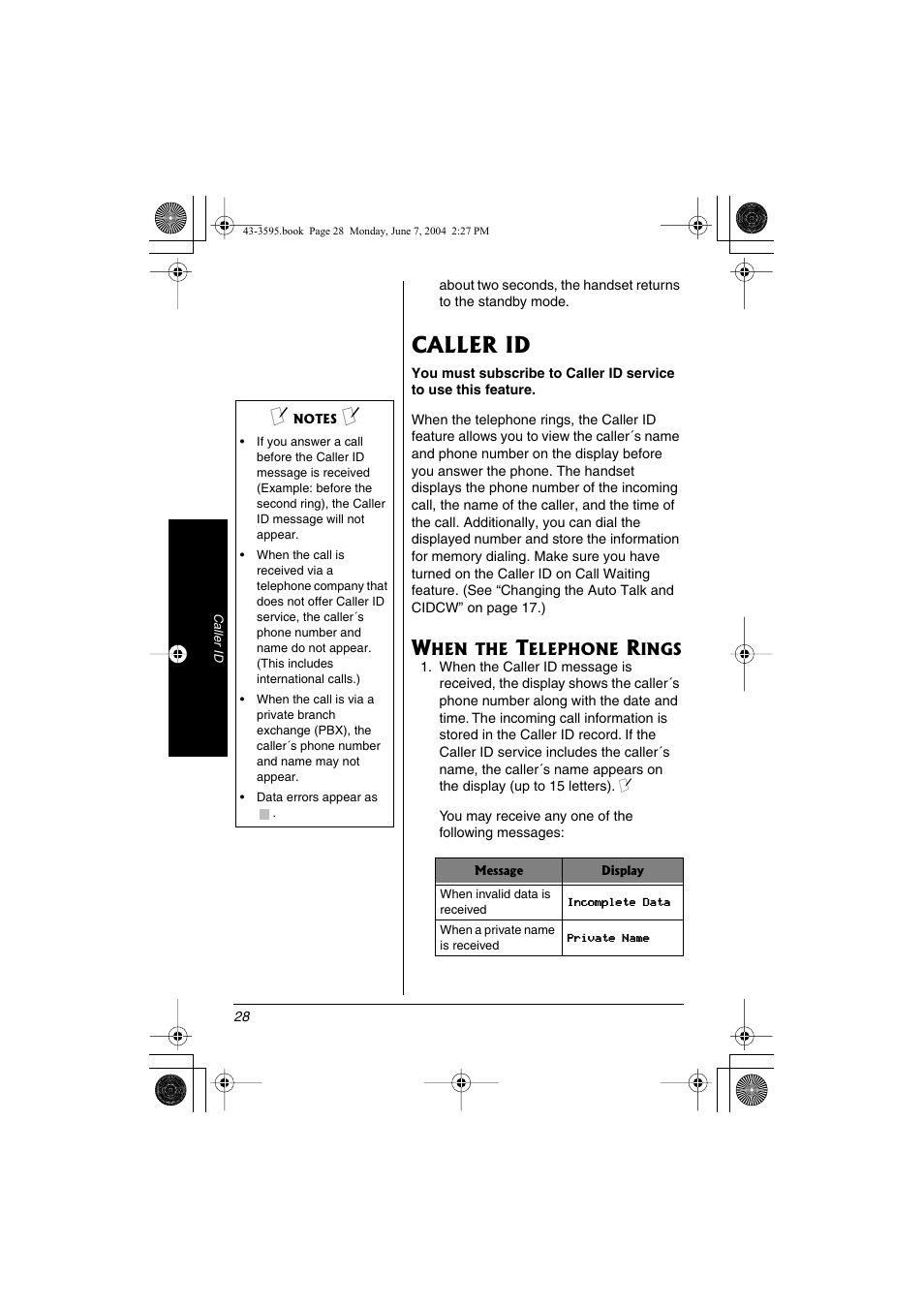 Caller id | Radio Shack 43-3595 User Manual | Page 28 / 40