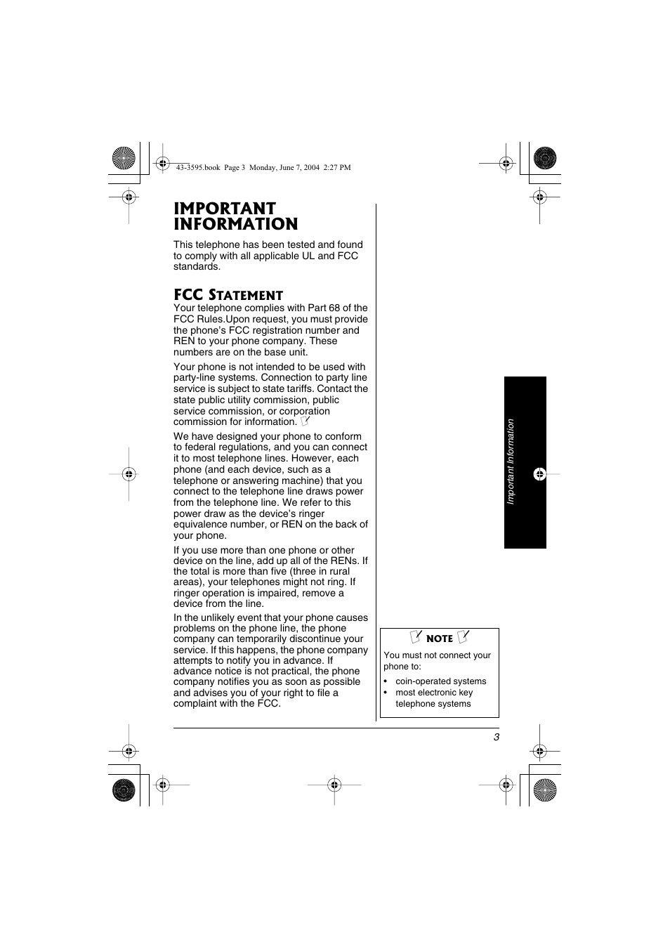 Important information, Fcc s | Radio Shack 43-3595 User Manual | Page 3 / 40