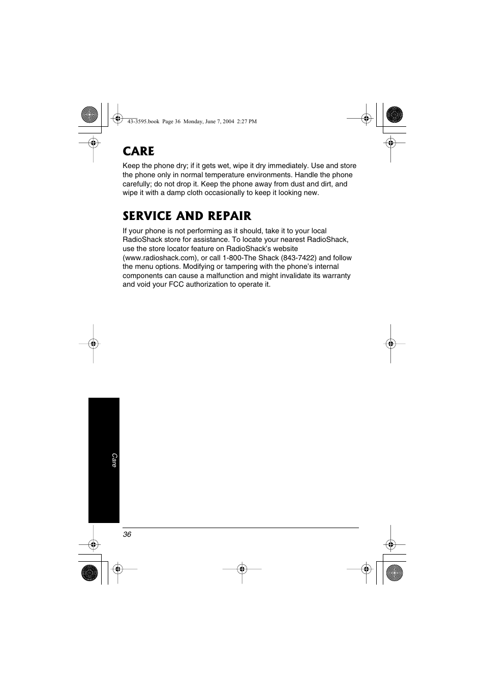 Care, Service and repair | Radio Shack 43-3595 User Manual | Page 36 / 40