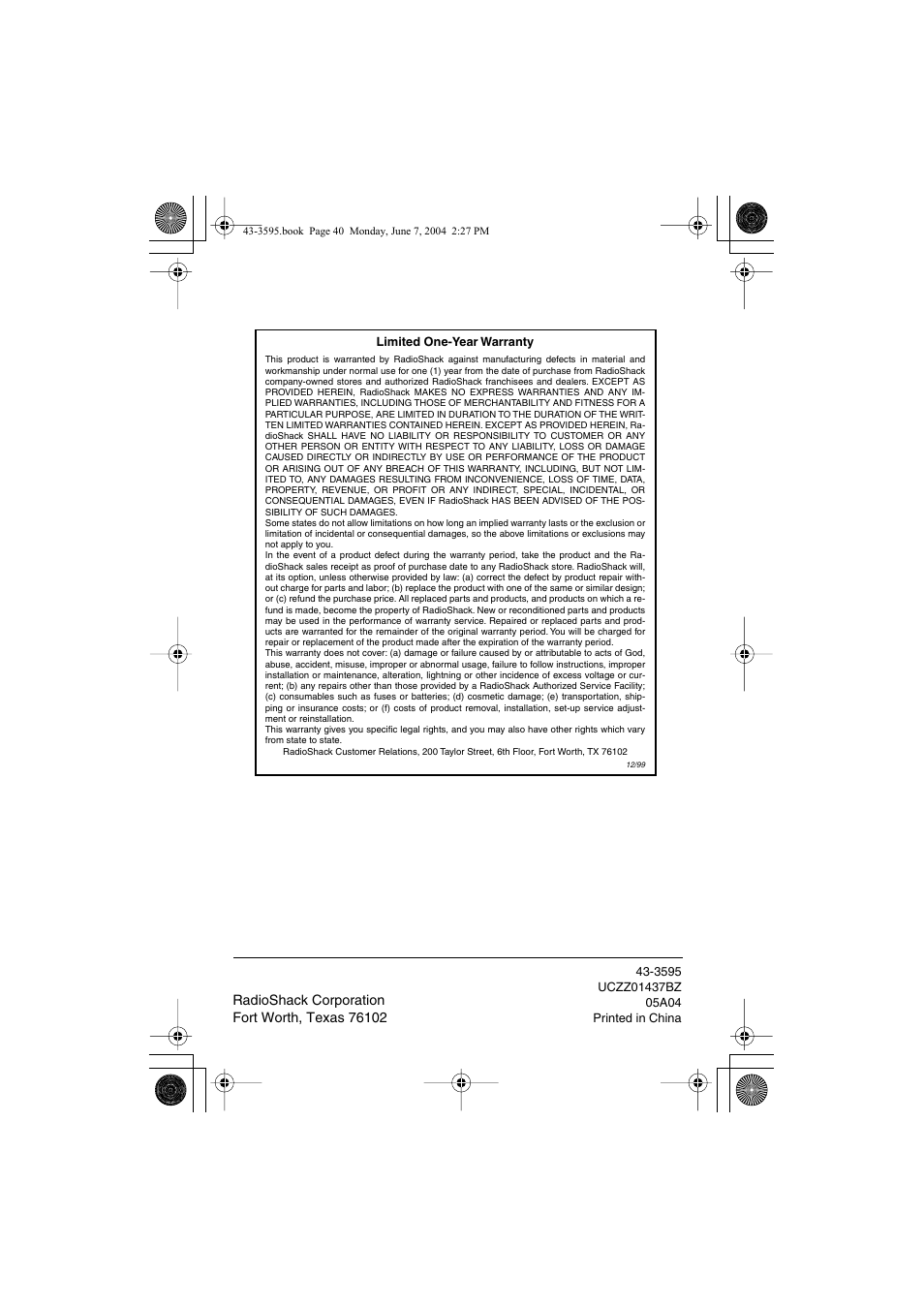 Radio Shack 43-3595 User Manual | Page 40 / 40