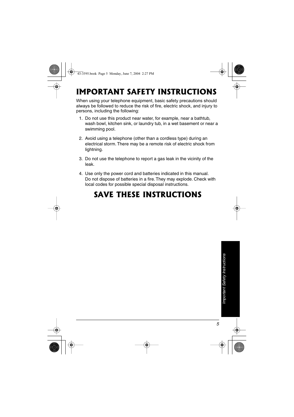 Important safety instructions, Save these instructions | Radio Shack 43-3595 User Manual | Page 5 / 40