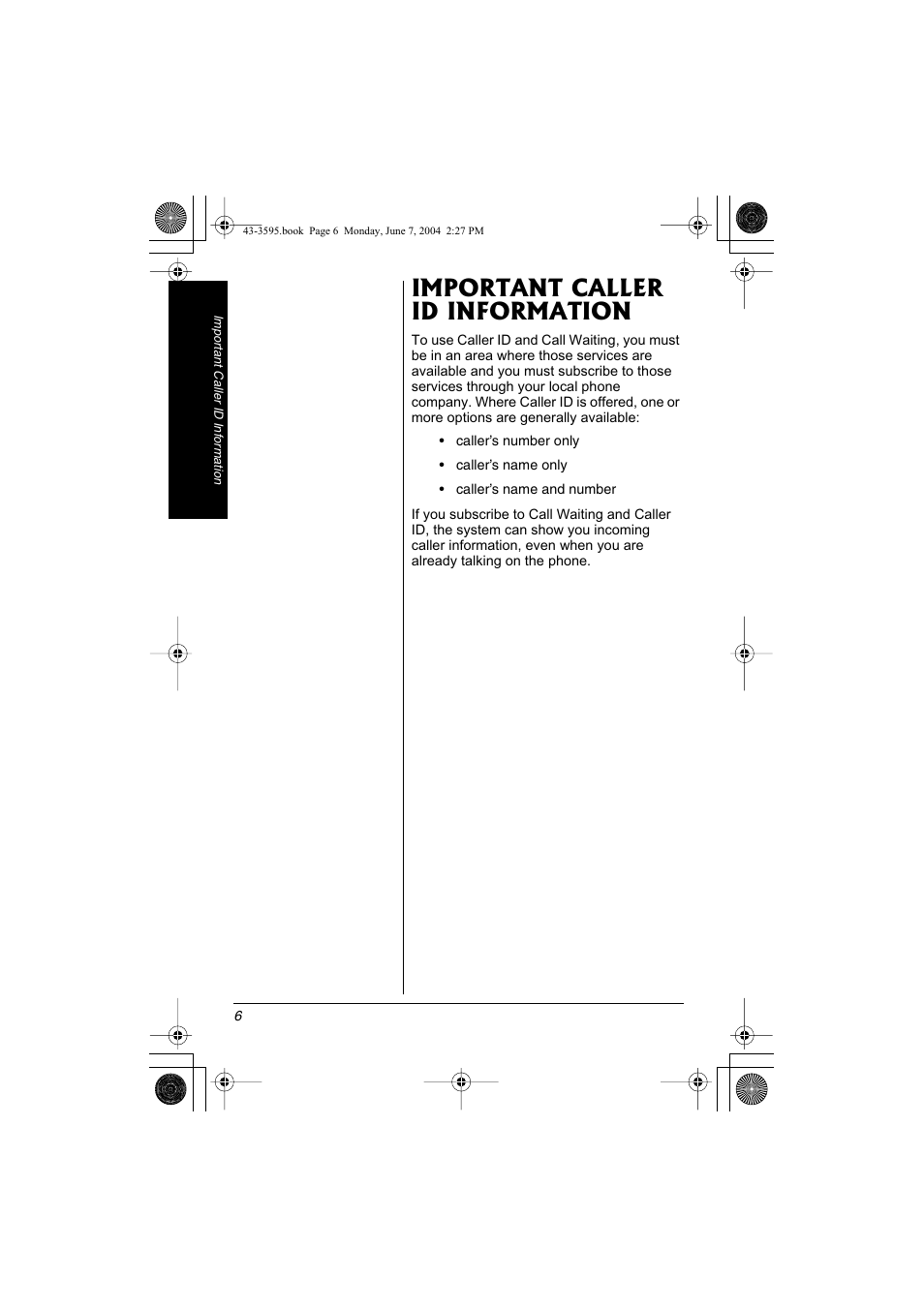 Important caller id information | Radio Shack 43-3595 User Manual | Page 6 / 40