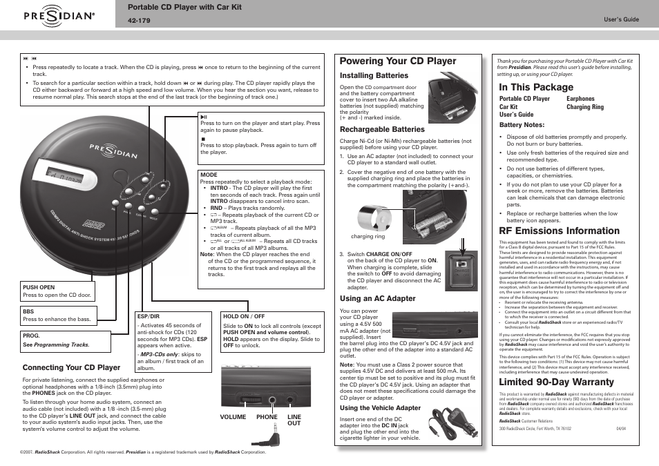 Radio Shack PRESIDIAN 42-179 User Manual | 2 pages