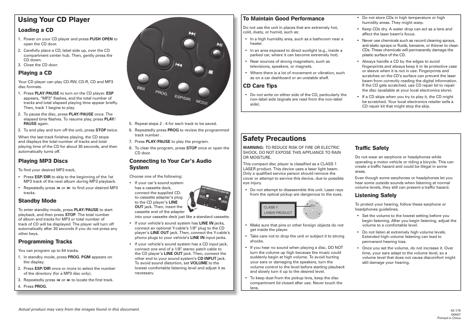 Safety precautions, Using your cd player | Radio Shack PRESIDIAN 42-179 User Manual | Page 2 / 2