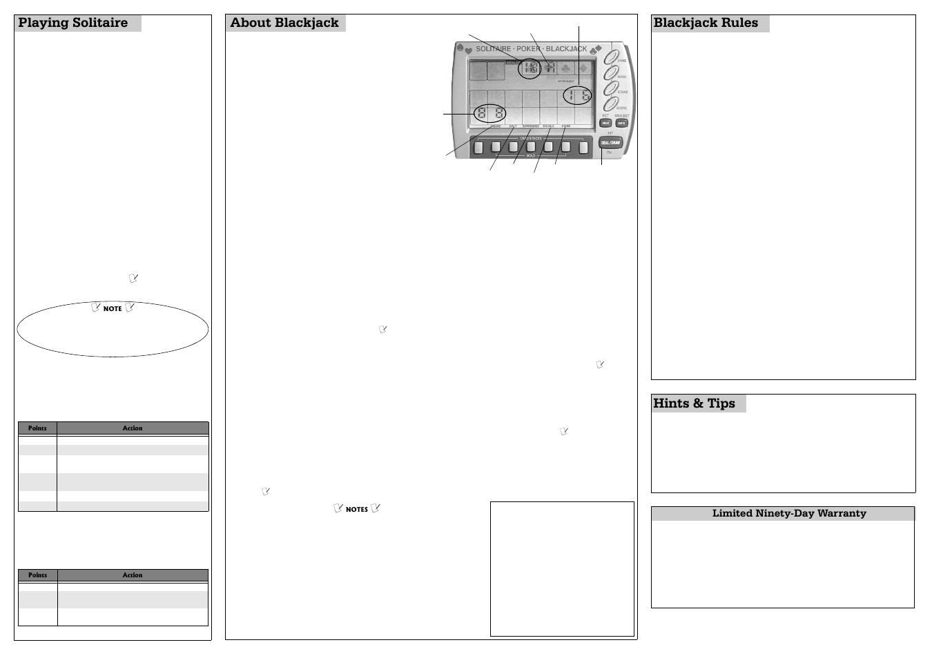About blackjack, Playing solitaire, Hints & tips | Blackjack rules | Radio Shack 60-2708 User Manual | Page 2 / 2