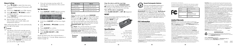 Set the alarm, Reset, Specifications | Fcc information, Limited warranty, Manual settings, Snooze | Radio Shack 63-246 User Manual | Page 2 / 2