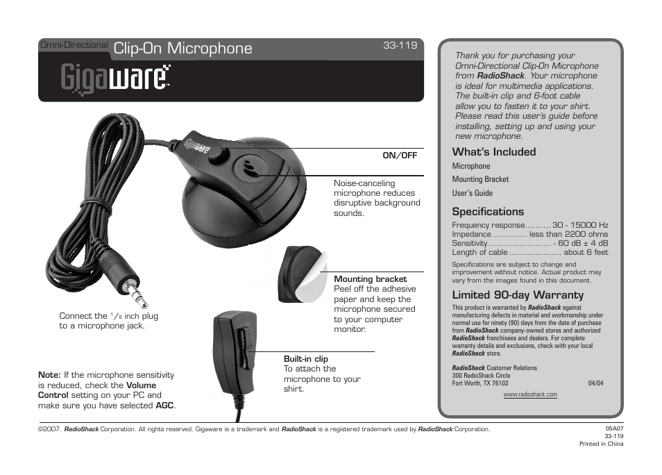 Radio Shack Gigaware 33-119 User Manual | 1 page