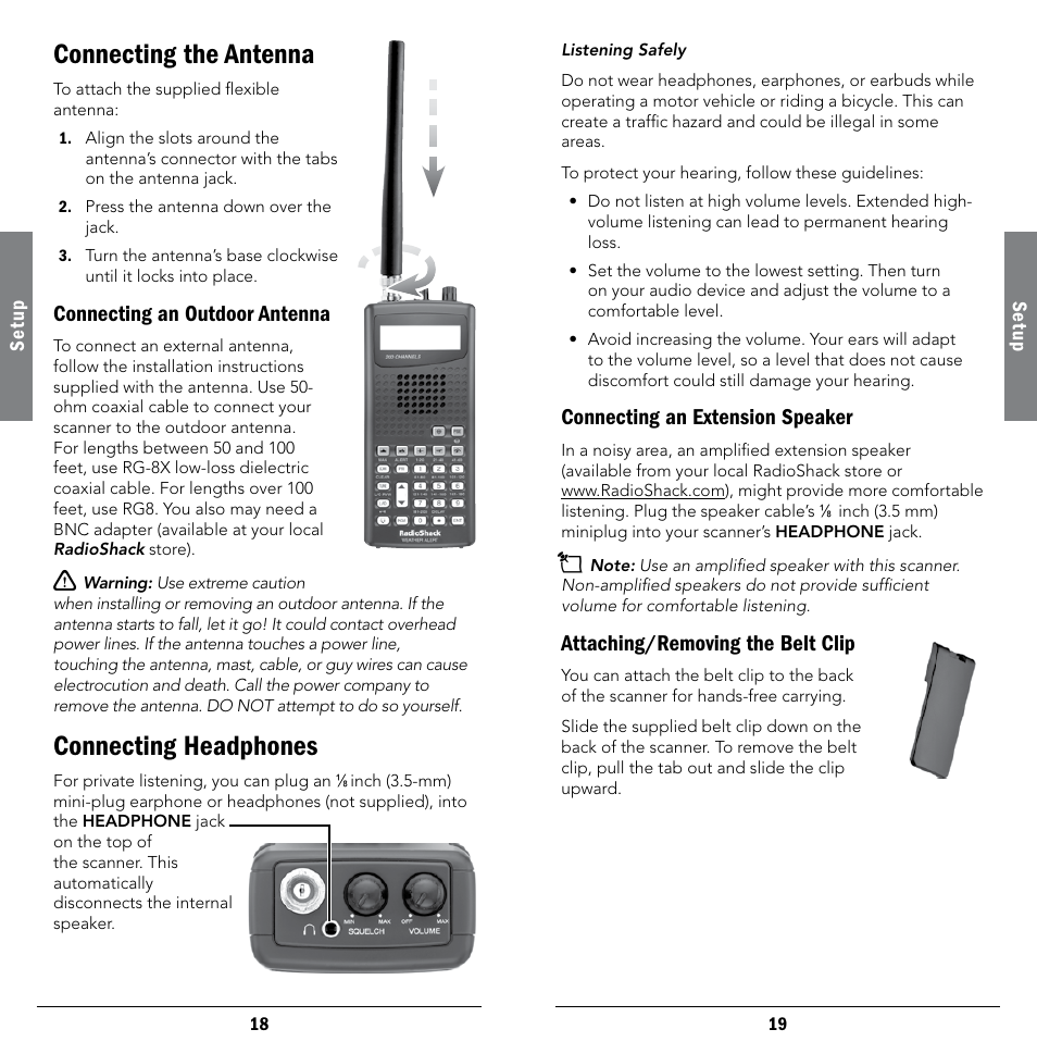 Connecting the antenna, Connecting an outdoor antenna, Connecting headphones | Connecting an extension speaker, Attaching/removing the belt clip | Radio Shack 20-404 User Manual | Page 10 / 21