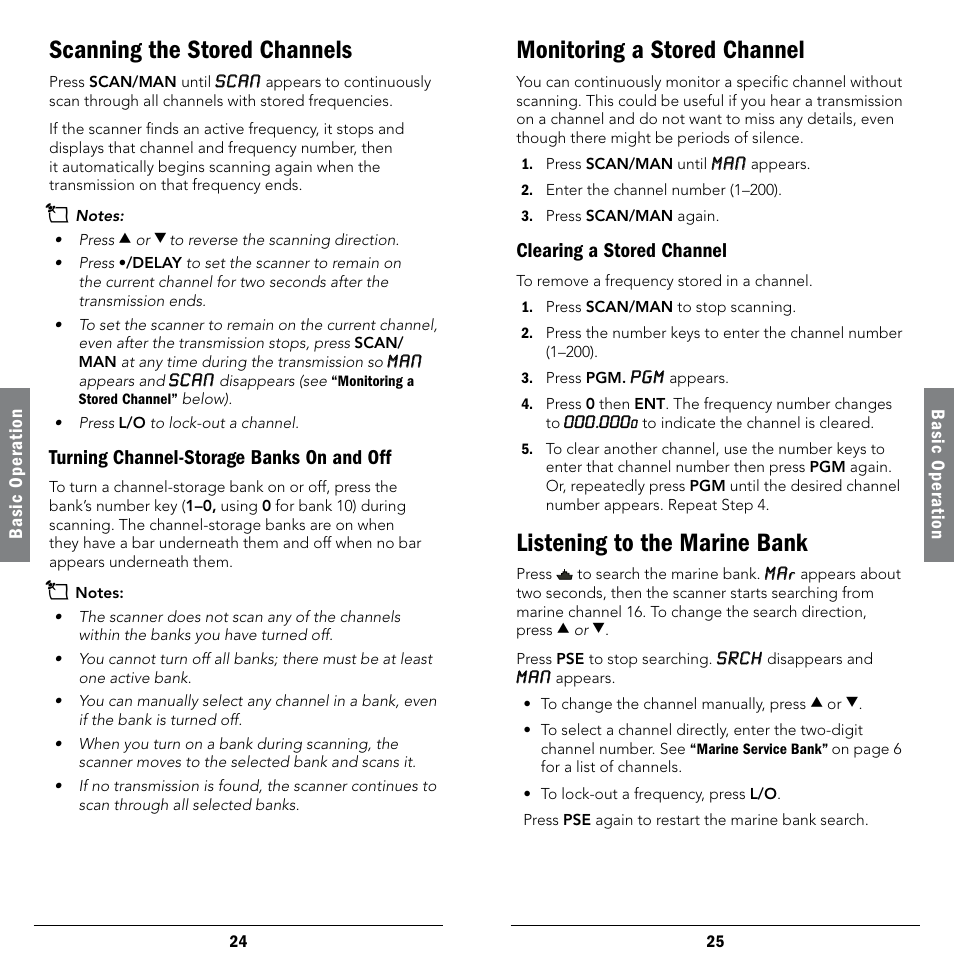 Scanning the stored channels, Turning channel-storage banks on and off, Monitoring a stored channel | Clearing a stored channel, Listening to the marine bank | Radio Shack 20-404 User Manual | Page 13 / 21