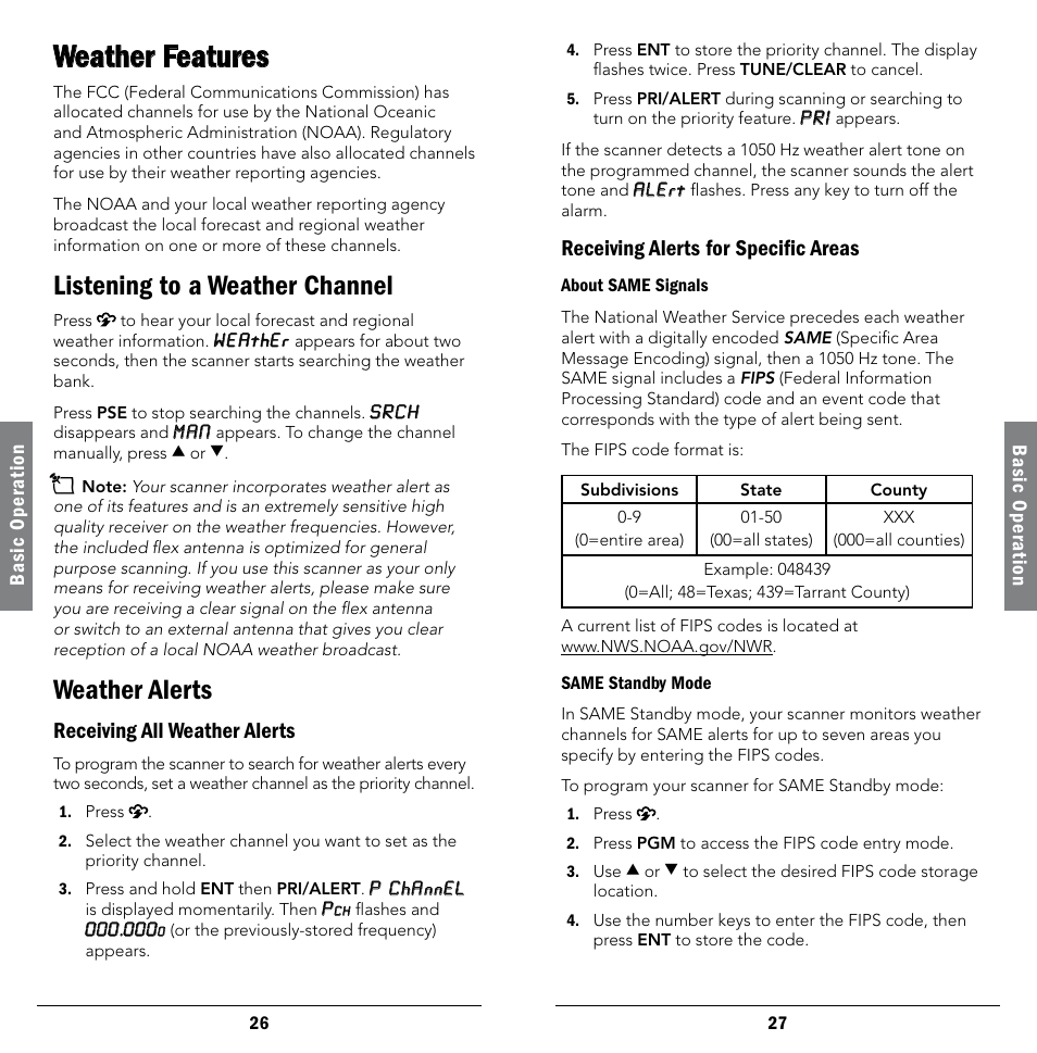 Weather features, Listening to a weather channel, Weather alerts | Receiving all weather alerts, Receiving alerts for specific areas, About same signals, Same standby mode, Listening to a weather channel weather alerts, About same signals same standby mode | Radio Shack 20-404 User Manual | Page 14 / 21