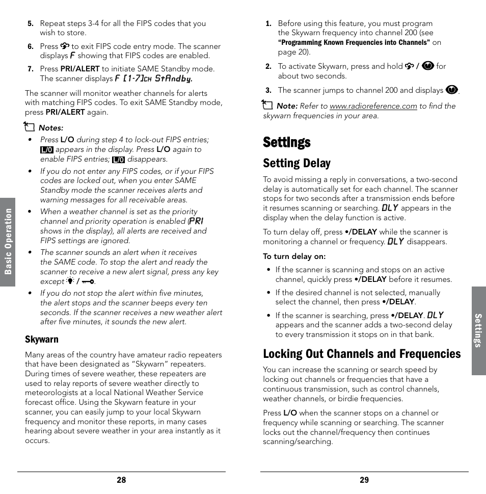 Skywarn, Settings, Setting delay | Locking out channels and frequencies, Setting delay locking out channels and frequencies | Radio Shack 20-404 User Manual | Page 15 / 21