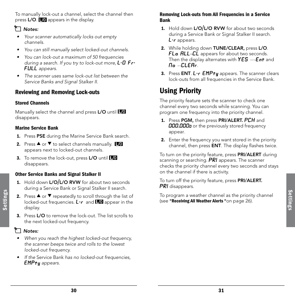 Reviewing and removing lock-outs, Stored channels, Marine service bank | Other service banks and signal stalker ii, Using priority, Using the display backlight, In a service bank, Using priority using the display backlight | Radio Shack 20-404 User Manual | Page 16 / 21