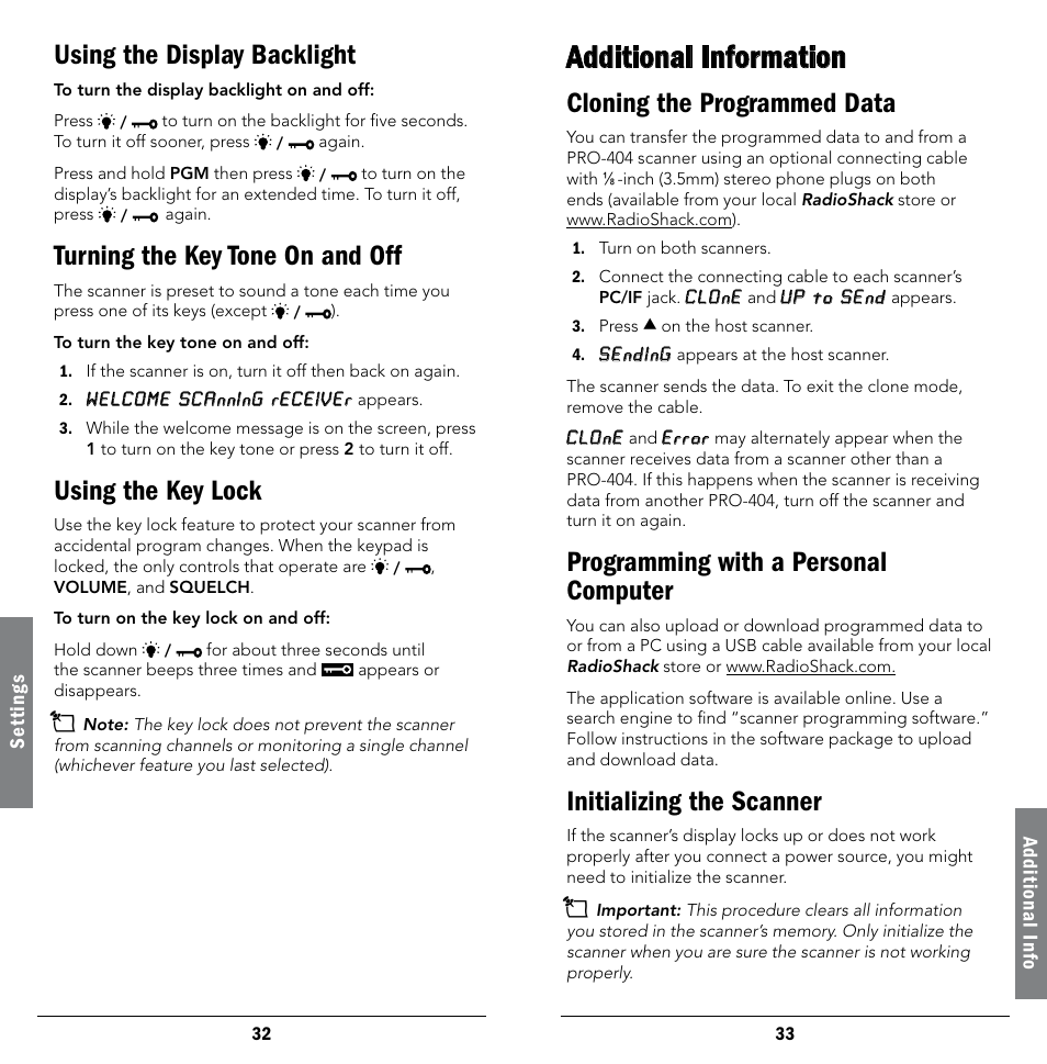 Turning the key tone on and off, Using the key lock, Additional information | Cloning the programmed data, Programming with a personal computer, Initializing the scanner, Turning the key tone on and off using the key lock, Using the display backlight | Radio Shack 20-404 User Manual | Page 17 / 21