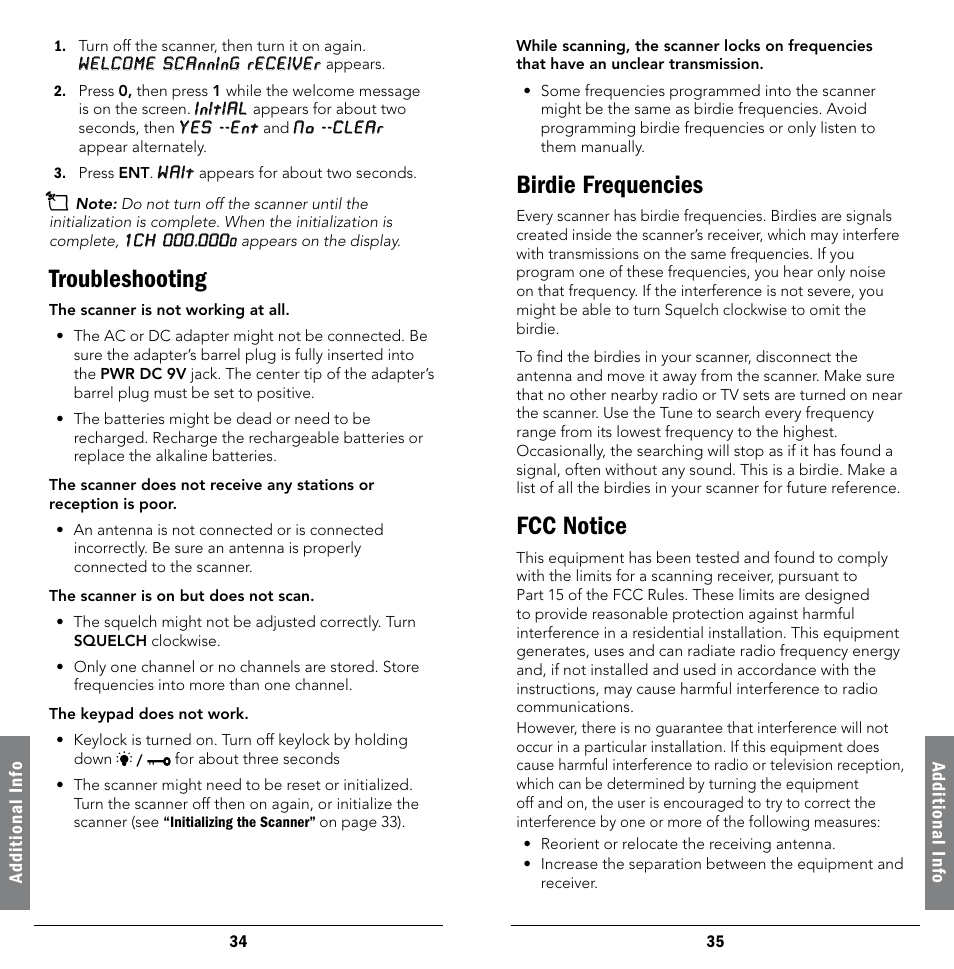 Troubleshooting, Birdie frequencies, Fcc notice | Troubleshooting birdie frequencies fcc notice | Radio Shack 20-404 User Manual | Page 18 / 21