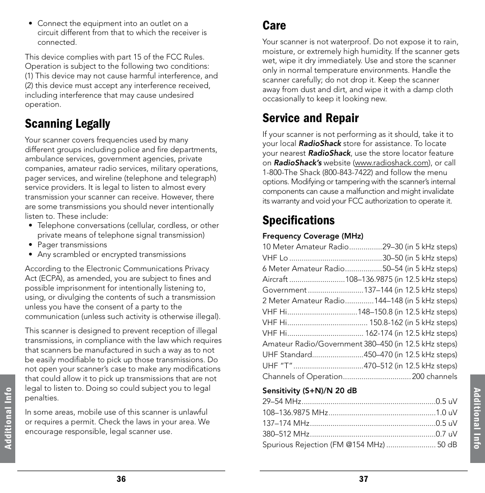 Scanning legally, Care, Service and repair | Specifications | Radio Shack 20-404 User Manual | Page 19 / 21