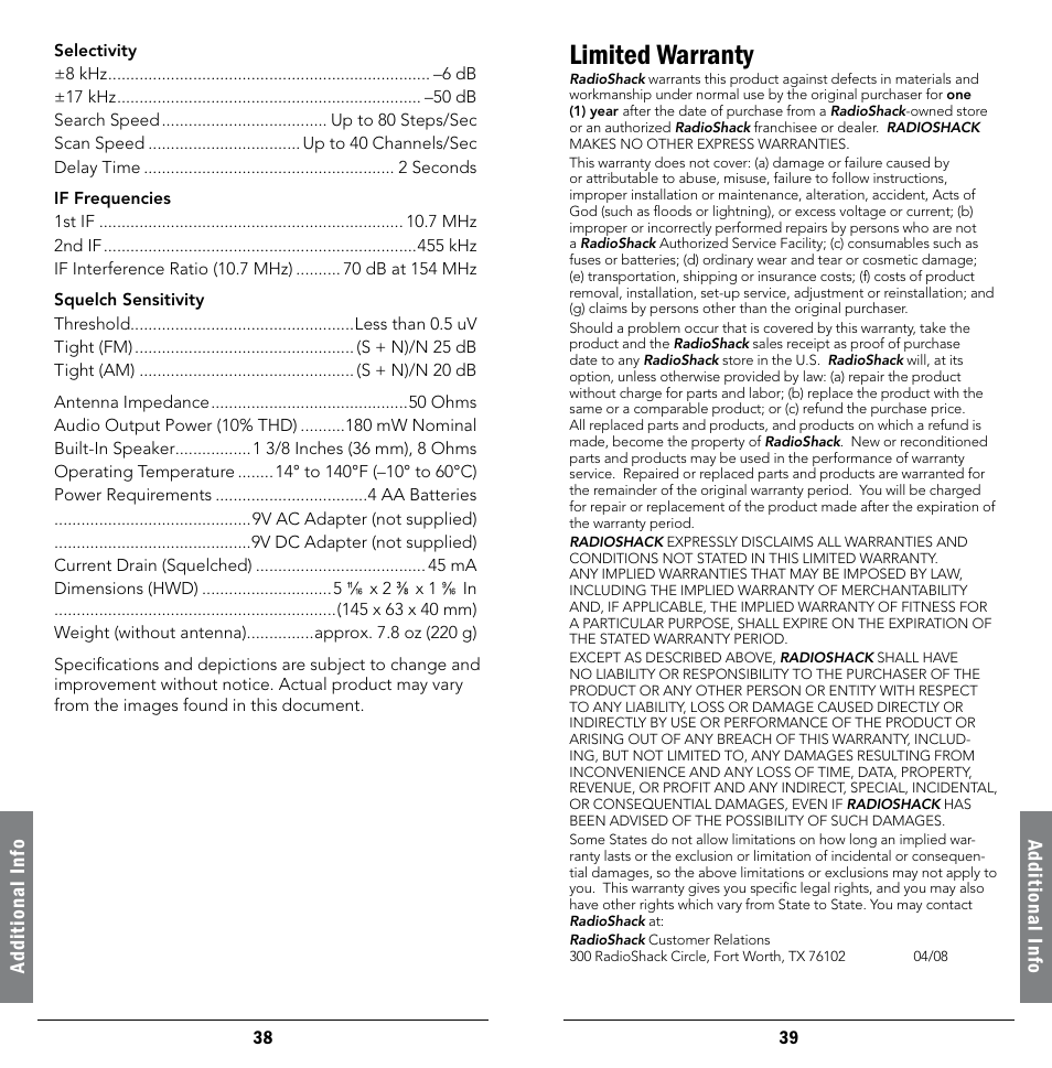 Limited warranty, Ad di ti on al i nf o, Ad dit io na l i nf o | Radio Shack 20-404 User Manual | Page 20 / 21