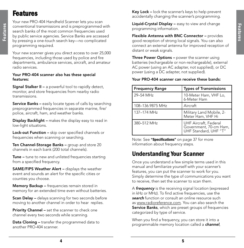 Features, Understanding your scanner | Radio Shack 20-404 User Manual | Page 3 / 21