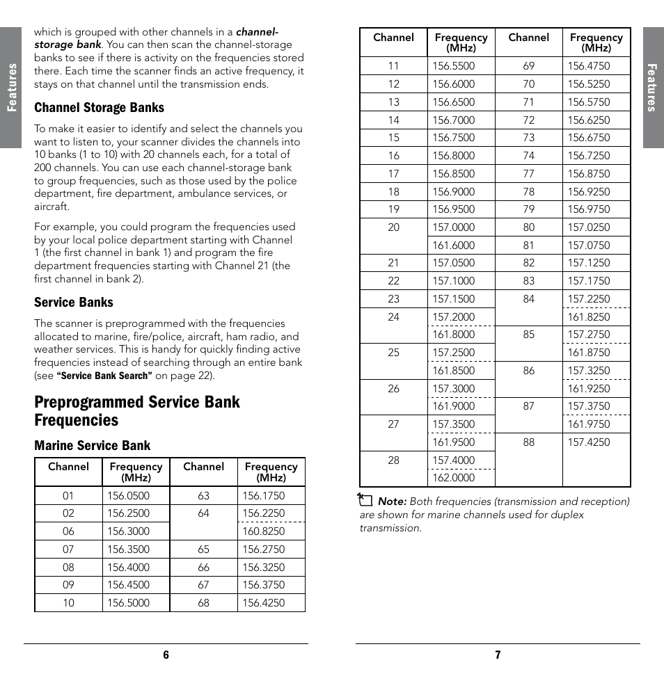 Channel storage banks, Service banks, Preprogrammed service bank frequencies | Marine service bank, Channel storage banks service banks | Radio Shack 20-404 User Manual | Page 4 / 21