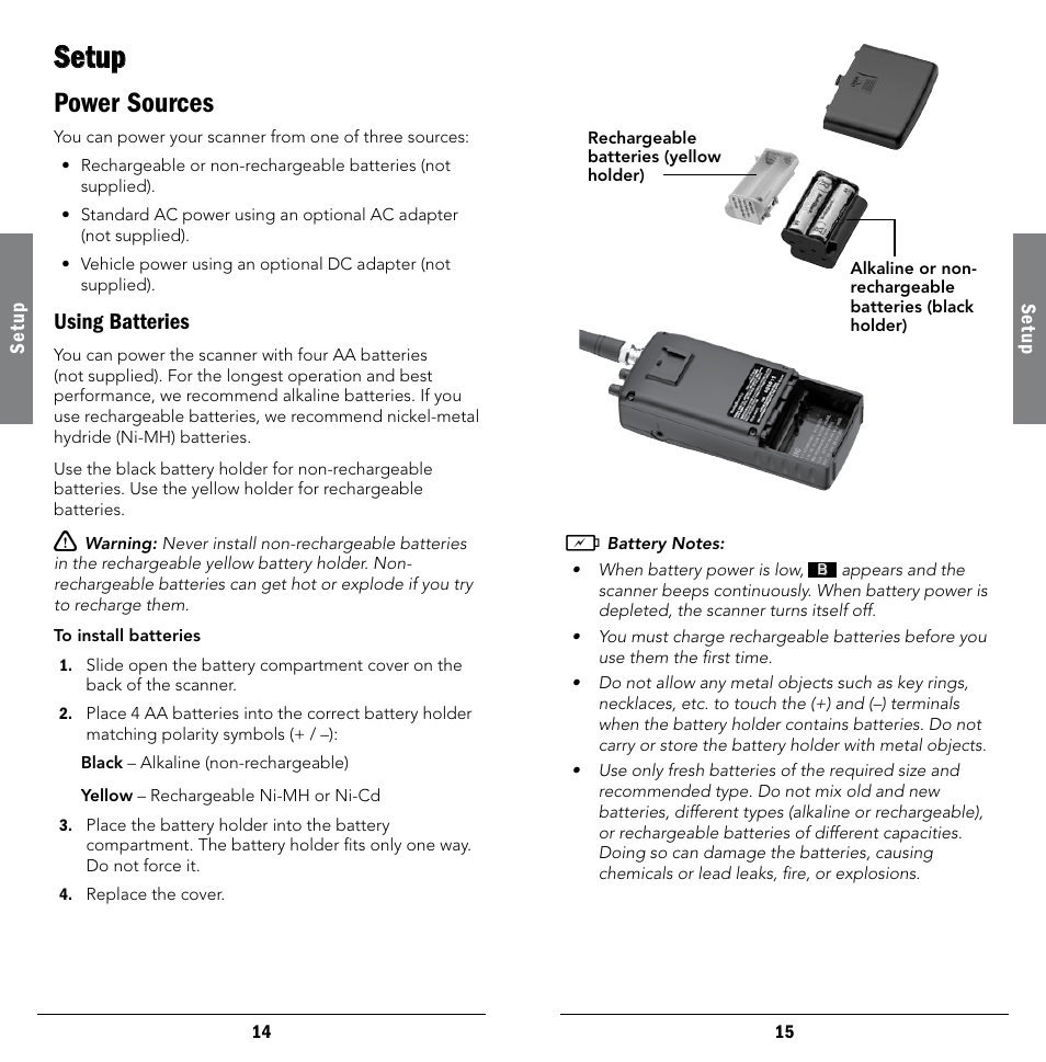 Setup, Power sources, Using batteries | Using, Batteries | Radio Shack 20-404 User Manual | Page 8 / 21