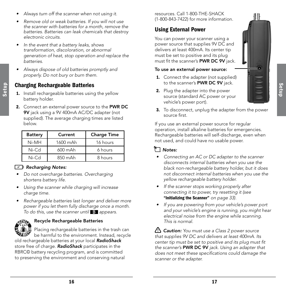 Charging rechargeable batteries, Using external power | Radio Shack 20-404 User Manual | Page 9 / 21