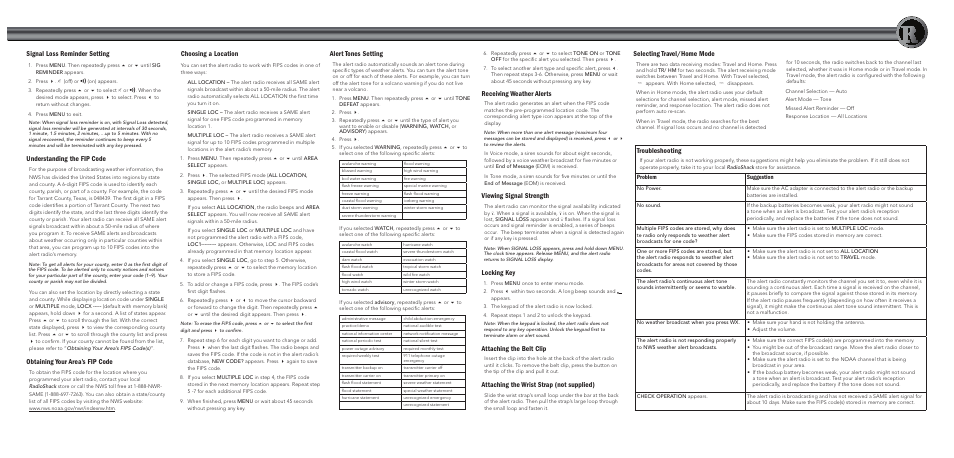 Troubleshooting, Signal loss reminder setting, Understanding the fip code | Obtaining your area’s fip code, Choosing a location, Alert tones setting, Receiving weather alerts, Viewing signal strength, Locking key, Attaching the belt clip | Radio Shack 12-259 User Manual | Page 2 / 2